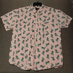 Nickelodeon Pink Short Sleeve Button-Down Shirt with Green Cartoon Print